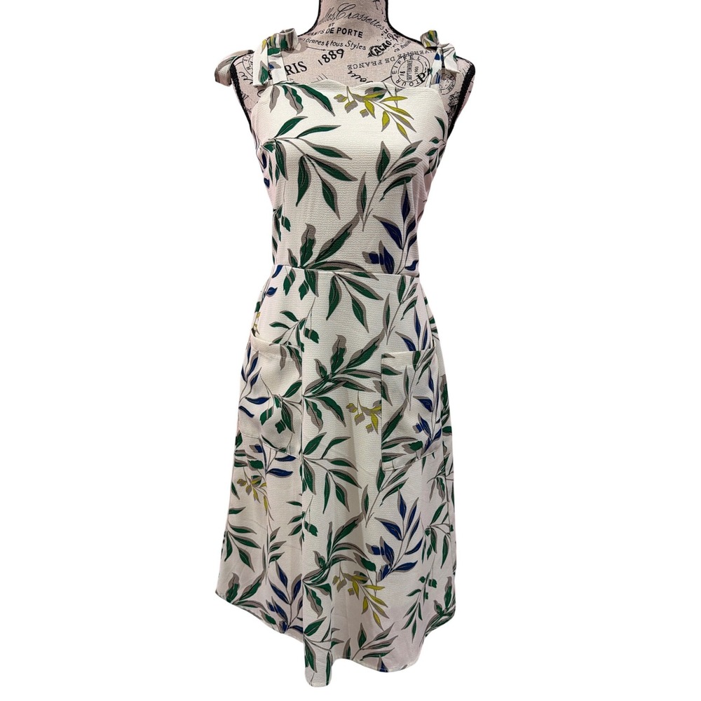 Monteau Los Angeles Women Green Blue Leaf Print Tie‎ Strap Smocked Midi Dress M